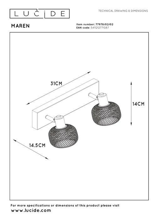 Lucide MAREN - Spot plafond - 2xE14 - Or Mat / Laiton - technique